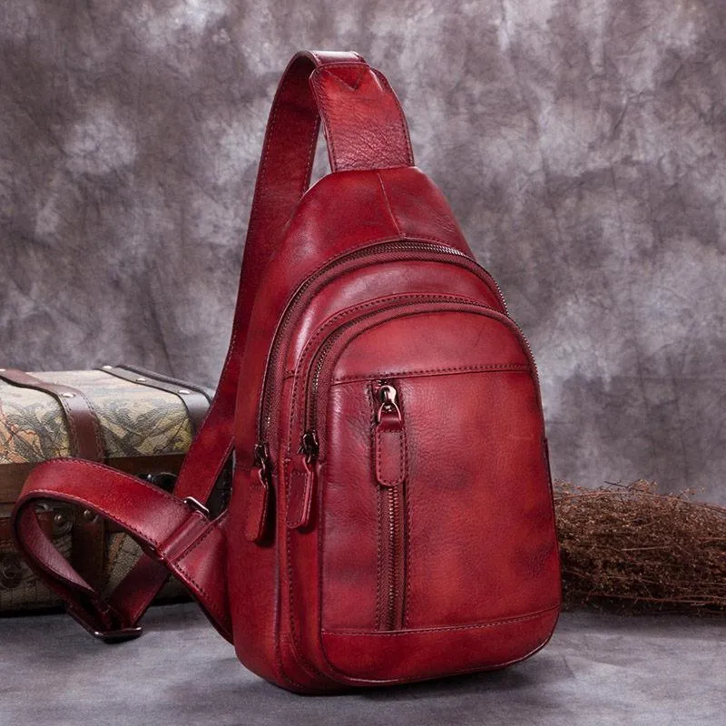 Purple Womens Leather Sling Bag Brown Chest Bags Purple One Shoulder Backpack for ladies