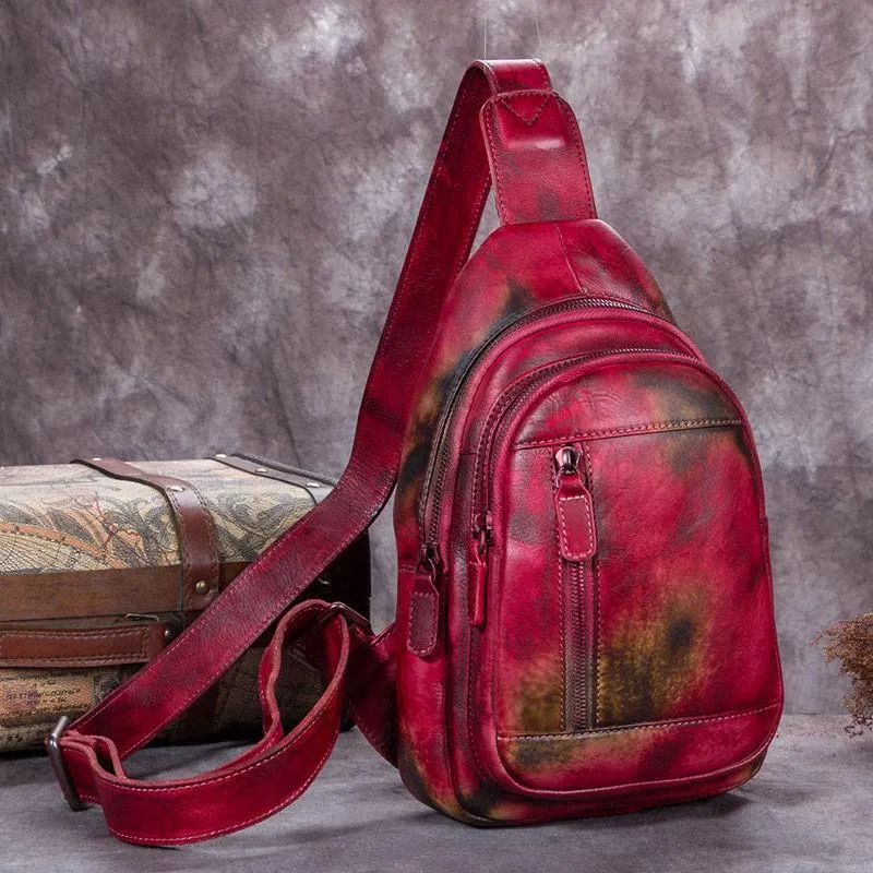 Purple Womens Leather Sling Bag Brown Chest Bags Purple One Shoulder Backpack for ladies
