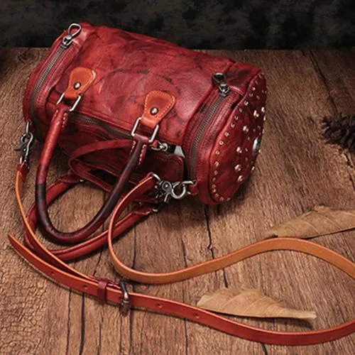 Red Genuine Leather Womens Rivet Round Boston Handbag Brown Shoulder Bag Purse for Ladies