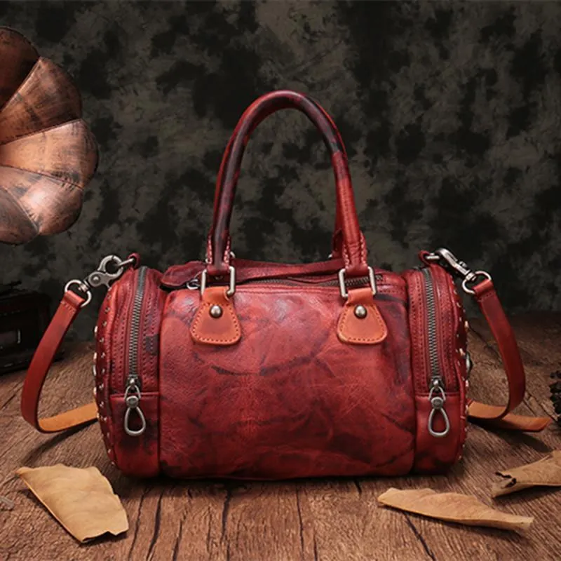 Red Genuine Leather Womens Rivet Round Boston Handbag Brown Shoulder Bag Purse for Ladies
