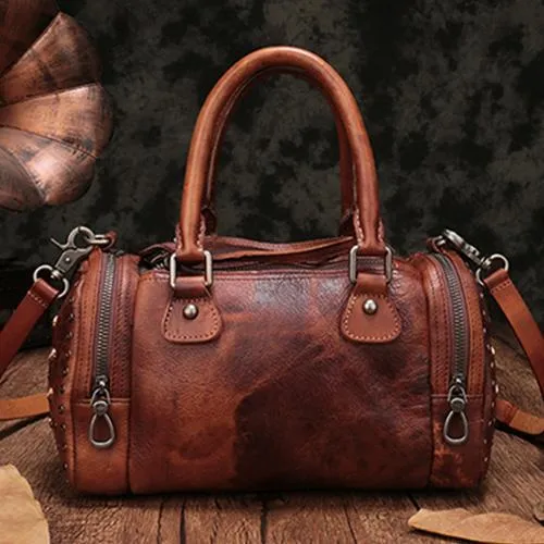 Red Genuine Leather Womens Rivet Round Boston Handbag Brown Shoulder Bag Purse for Ladies