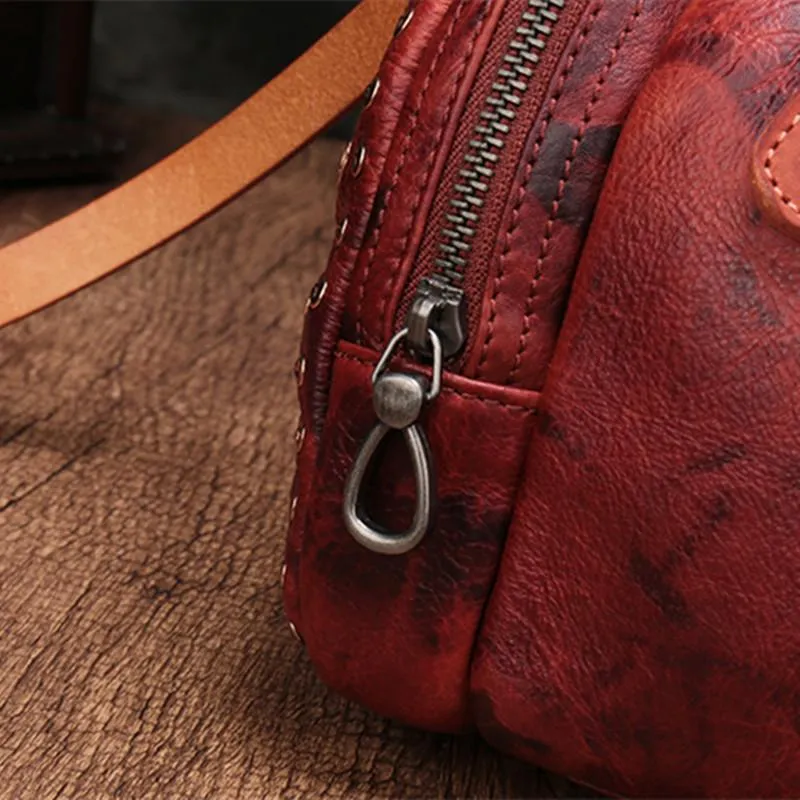 Red Genuine Leather Womens Rivet Round Boston Handbag Brown Shoulder Bag Purse for Ladies