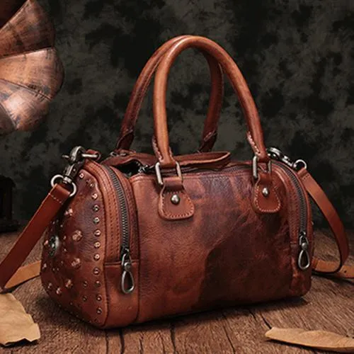 Red Genuine Leather Womens Rivet Round Boston Handbag Brown Shoulder Bag Purse for Ladies