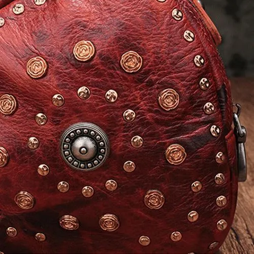 Red Genuine Leather Womens Rivet Round Boston Handbag Brown Shoulder Bag Purse for Ladies