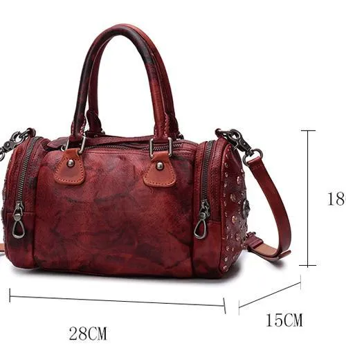 Red Genuine Leather Womens Rivet Round Boston Handbag Brown Shoulder Bag Purse for Ladies