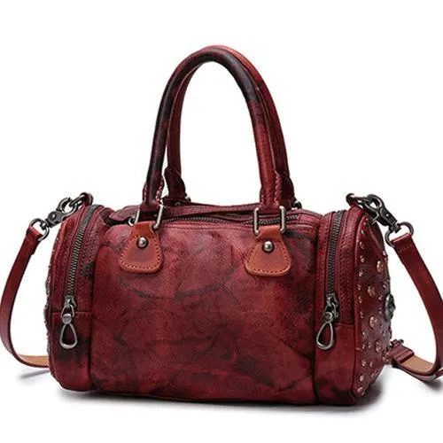 Red Genuine Leather Womens Rivet Round Boston Handbag Brown Shoulder Bag Purse for Ladies