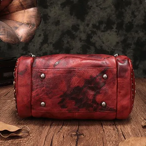 Red Genuine Leather Womens Rivet Round Boston Handbag Brown Shoulder Bag Purse for Ladies