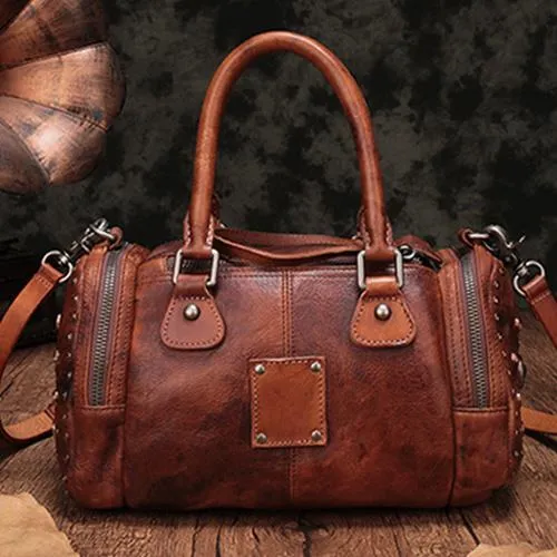 Red Genuine Leather Womens Rivet Round Boston Handbag Brown Shoulder Bag Purse for Ladies