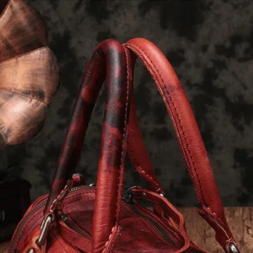 Red Genuine Leather Womens Rivet Round Boston Handbag Brown Shoulder Bag Purse for Ladies