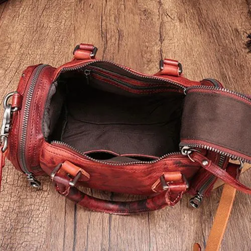 Red Genuine Leather Womens Rivet Round Boston Handbag Brown Shoulder Bag Purse for Ladies