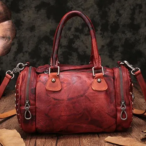 Red Genuine Leather Womens Rivet Round Boston Handbag Brown Shoulder Bag Purse for Ladies