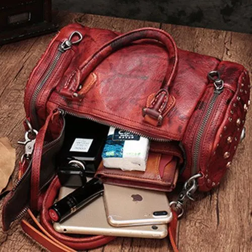 Red Genuine Leather Womens Rivet Round Boston Handbag Brown Shoulder Bag Purse for Ladies