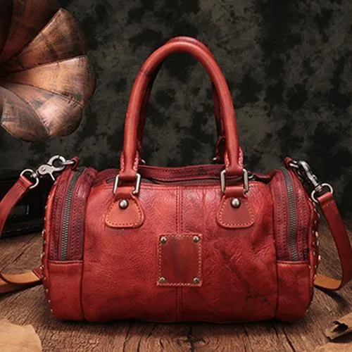 Red Genuine Leather Womens Rivet Round Boston Handbag Brown Shoulder Bag Purse for Ladies
