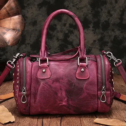 Red Genuine Leather Womens Rivet Round Boston Handbag Brown Shoulder Bag Purse for Ladies