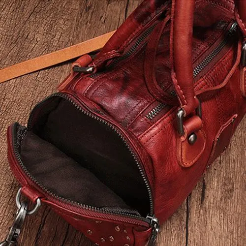 Red Genuine Leather Womens Rivet Round Boston Handbag Brown Shoulder Bag Purse for Ladies