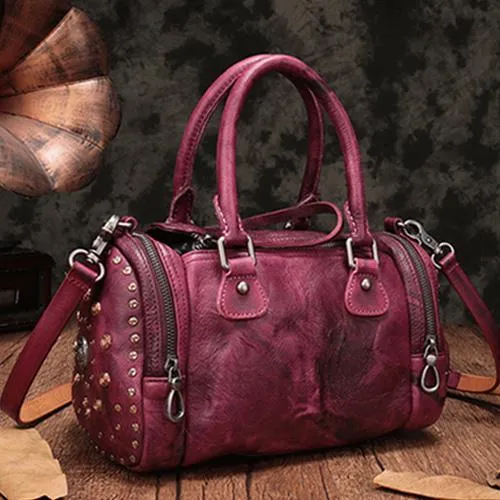Red Genuine Leather Womens Rivet Round Boston Handbag Brown Shoulder Bag Purse for Ladies