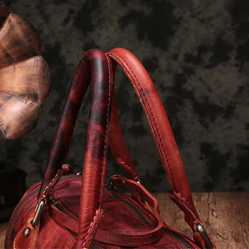Red Genuine Leather Womens Rivet Round Boston Handbag Brown Shoulder Bag Purse for Ladies