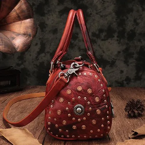 Red Genuine Leather Womens Rivet Round Boston Handbag Brown Shoulder Bag Purse for Ladies