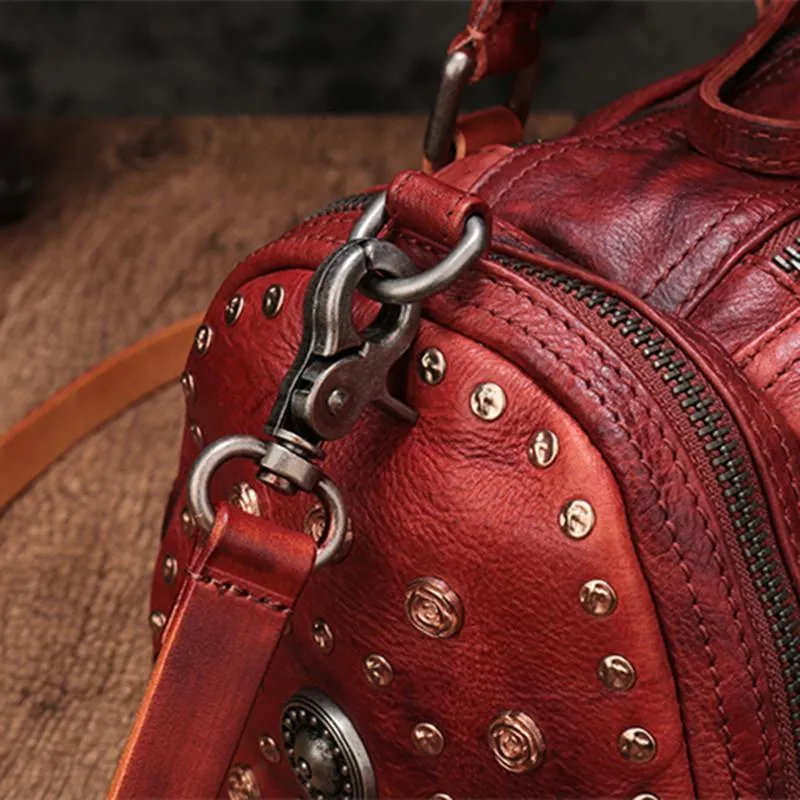 Red Genuine Leather Womens Rivet Round Boston Handbag Brown Shoulder Bag Purse for Ladies