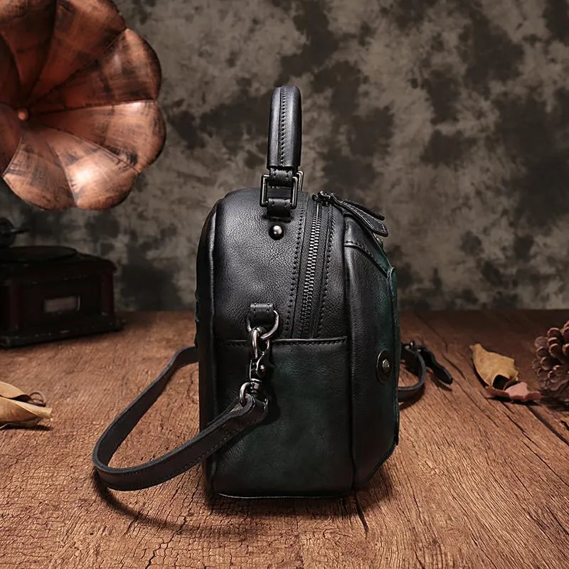 Red Geometric Vintage Womens Leather Round Brown Handbag Box Shoulder Bag Purse for Ladies