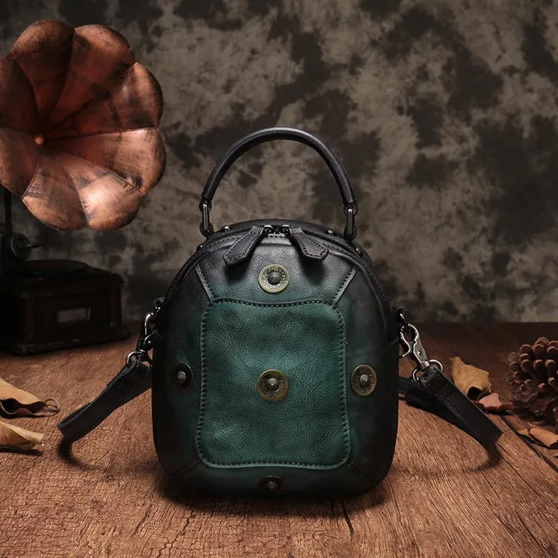 Red Geometric Vintage Womens Leather Round Brown Handbag Box Shoulder Bag Purse for Ladies