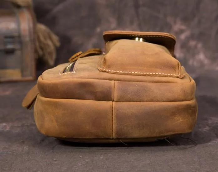 Retro Brown Leather Chest Bag Sling Bag Crossbody Sling Bag Hiking Sling Bag For Men