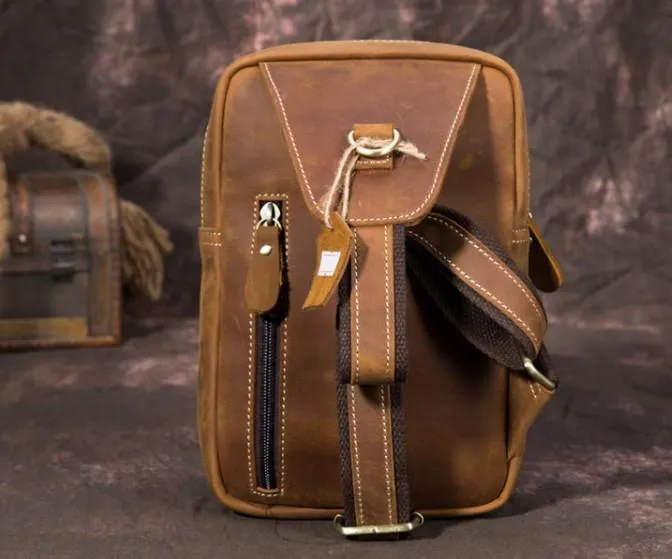 Retro Brown Leather Chest Bag Sling Bag Crossbody Sling Bag Hiking Sling Bag For Men