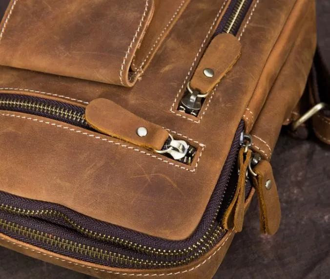 Retro Brown Leather Chest Bag Sling Bag Crossbody Sling Bag Hiking Sling Bag For Men