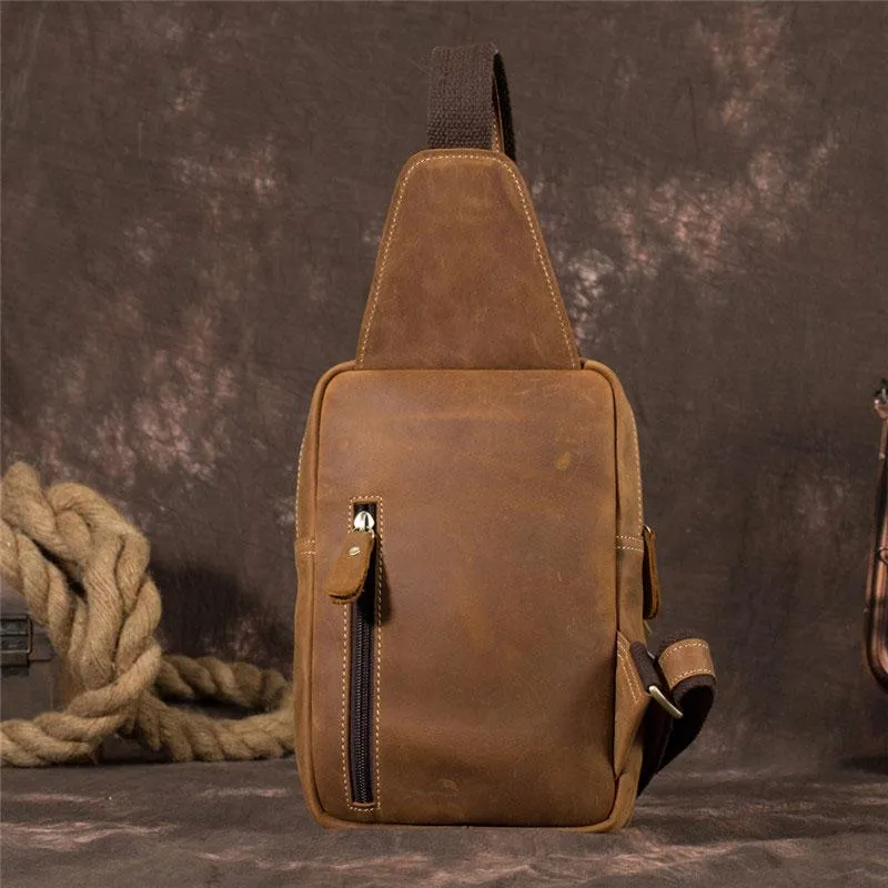 Retro Brown Leather Chest Bag Sling Bag Crossbody Sling Bag Hiking Sling Bag For Men