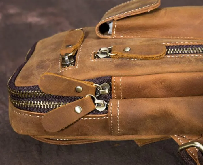 Retro Brown Leather Chest Bag Sling Bag Crossbody Sling Bag Hiking Sling Bag For Men