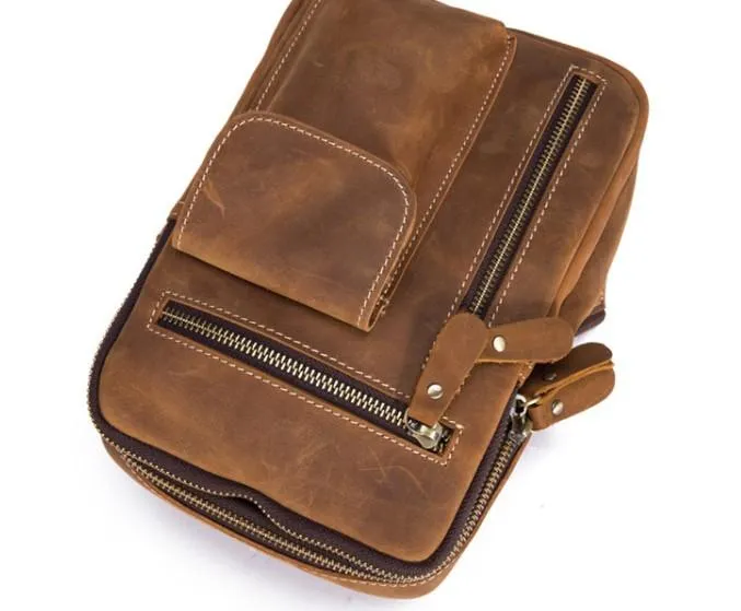Retro Brown Leather Chest Bag Sling Bag Crossbody Sling Bag Hiking Sling Bag For Men
