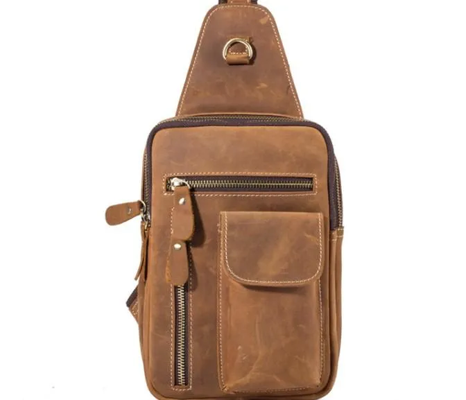 Retro Brown Leather Chest Bag Sling Bag Crossbody Sling Bag Hiking Sling Bag For Men