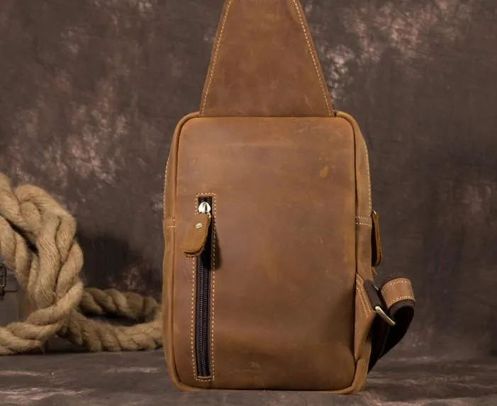 Retro Brown Leather Chest Bag Sling Bag Crossbody Sling Bag Hiking Sling Bag For Men
