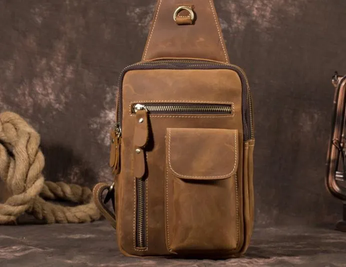 Retro Brown Leather Chest Bag Sling Bag Crossbody Sling Bag Hiking Sling Bag For Men