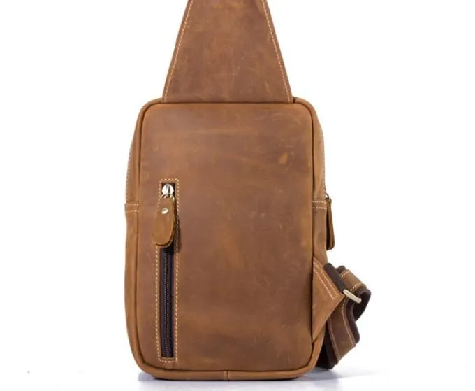 Retro Brown Leather Chest Bag Sling Bag Crossbody Sling Bag Hiking Sling Bag For Men