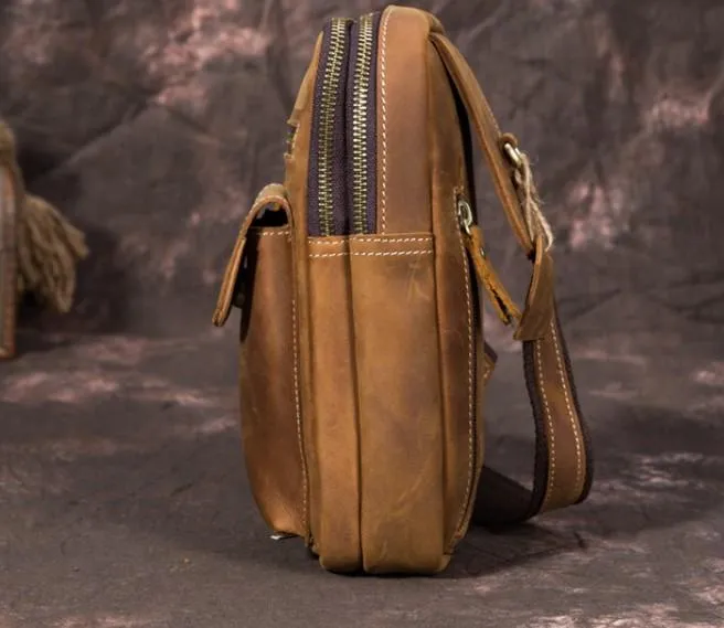 Retro Brown Leather Chest Bag Sling Bag Crossbody Sling Bag Hiking Sling Bag For Men