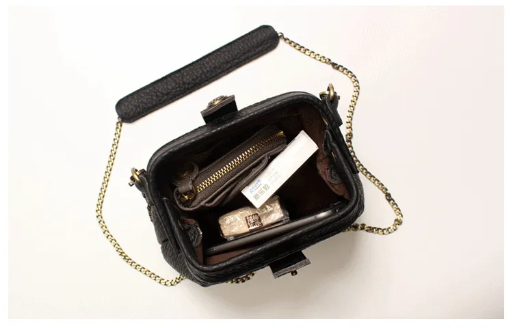Small Womens Black Leather MIni doctor bag Chain shoulder doctor bag for women
