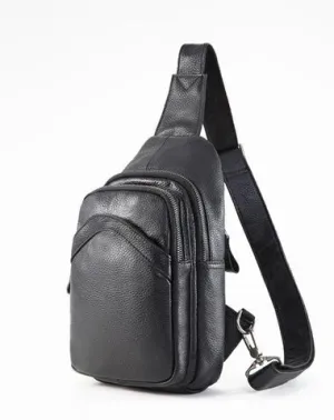 Soft Leather Mens Black One Shoulder Backpack Chest Bag Sling Bag Sling Crossbody Bag For Men