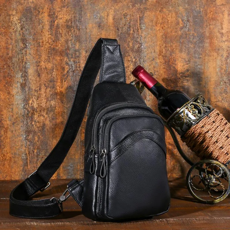 Soft Leather Mens Black One Shoulder Backpack Chest Bag Sling Bag Sling Crossbody Bag For Men