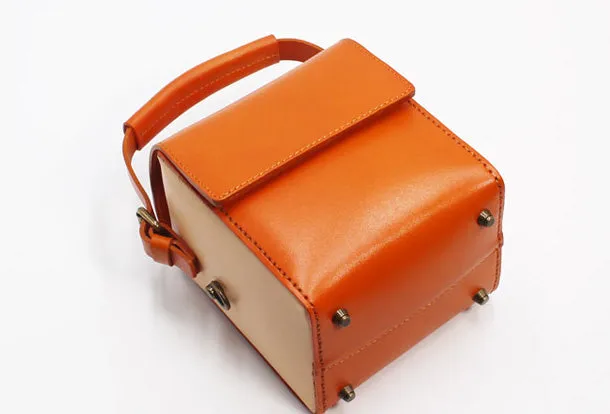 Stylish Leather Womens Box Handbag Doctor Purse Shoulder Bag for Women