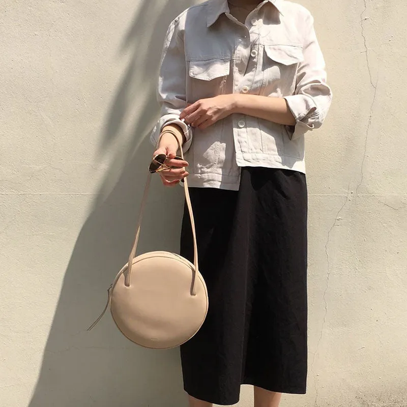 Stylish Leather Womens Circle Shoulder Bag Round Purse For Women