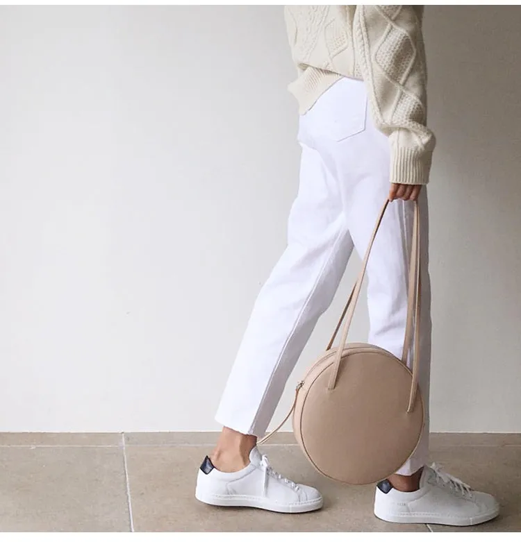 Stylish Leather Womens Circle Shoulder Bag Round Purse For Women
