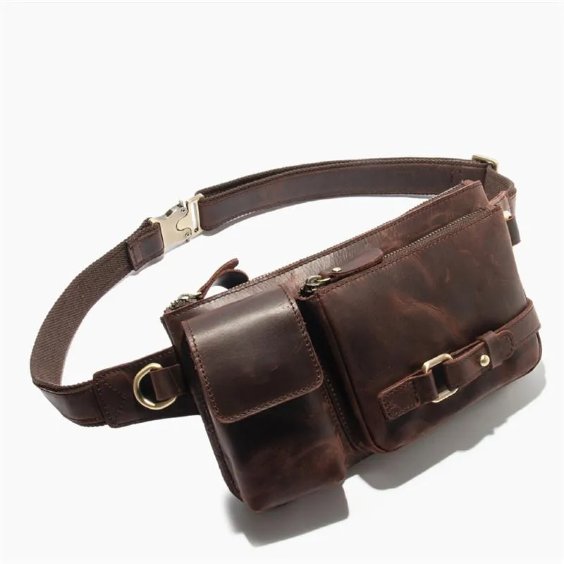 Top Leather Fanny Pack Men's Dark Brown Chest Bag Hip Bag Brown Waist Bag For Men