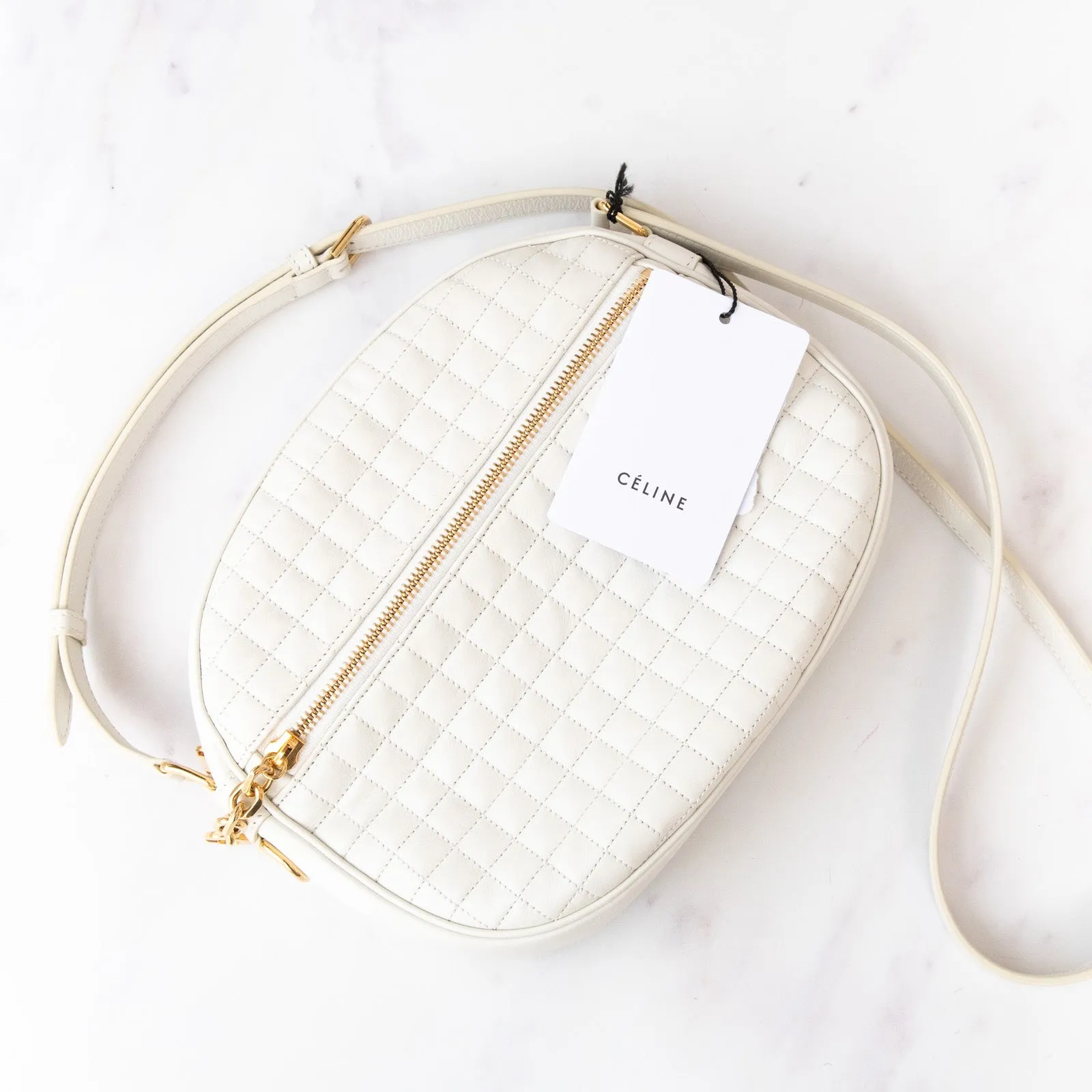 **UNUSED** Celine White Quilted Calfskin Leather C Charm  Camera Bag