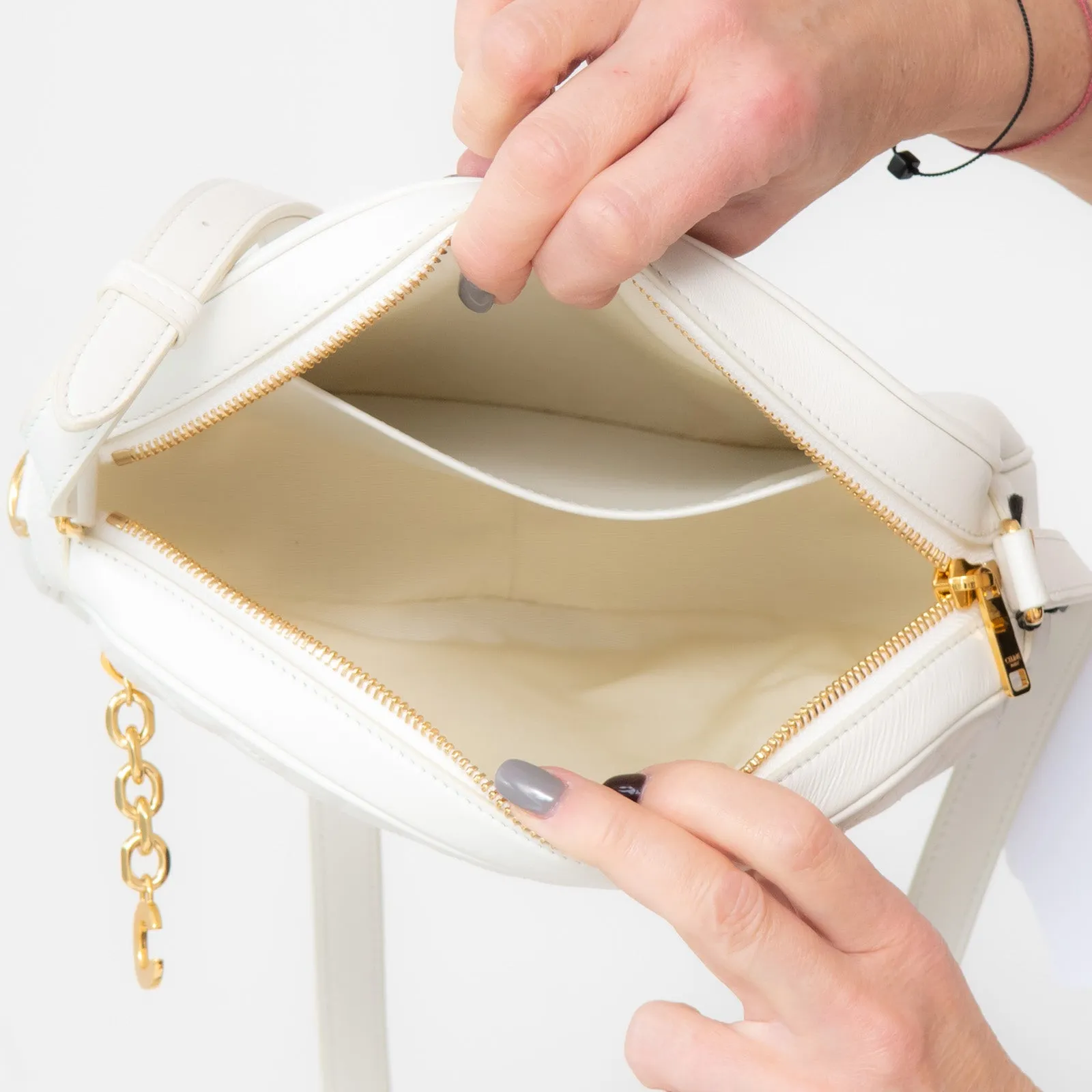 **UNUSED** Celine White Quilted Calfskin Leather C Charm  Camera Bag
