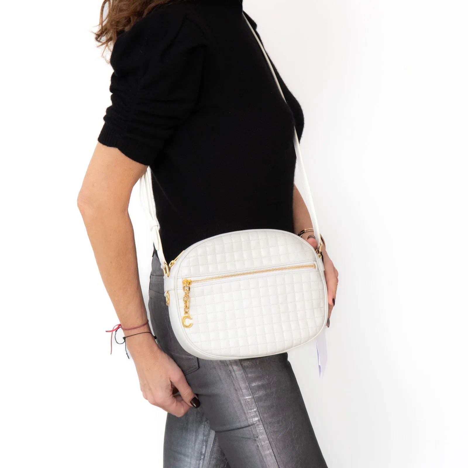 **UNUSED** Celine White Quilted Calfskin Leather C Charm  Camera Bag