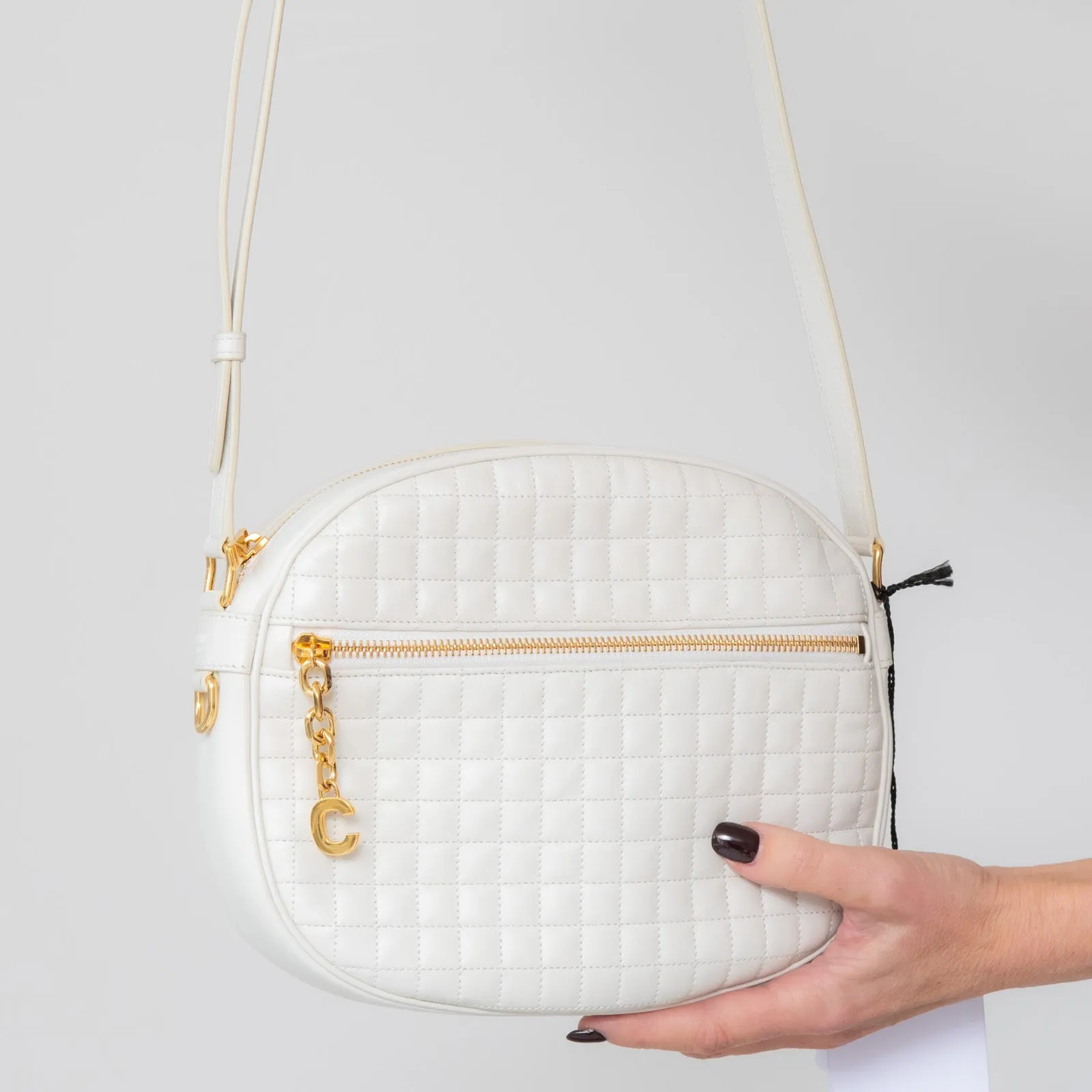**UNUSED** Celine White Quilted Calfskin Leather C Charm  Camera Bag