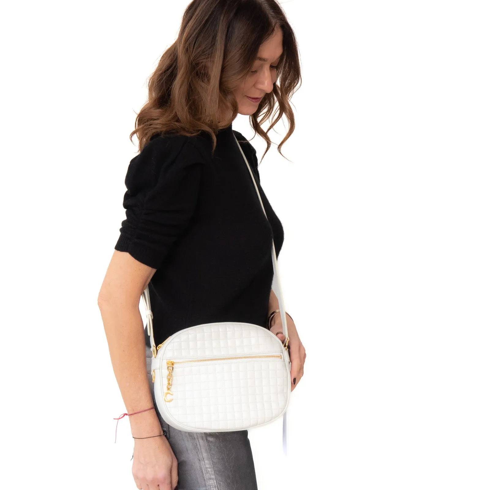 **UNUSED** Celine White Quilted Calfskin Leather C Charm  Camera Bag