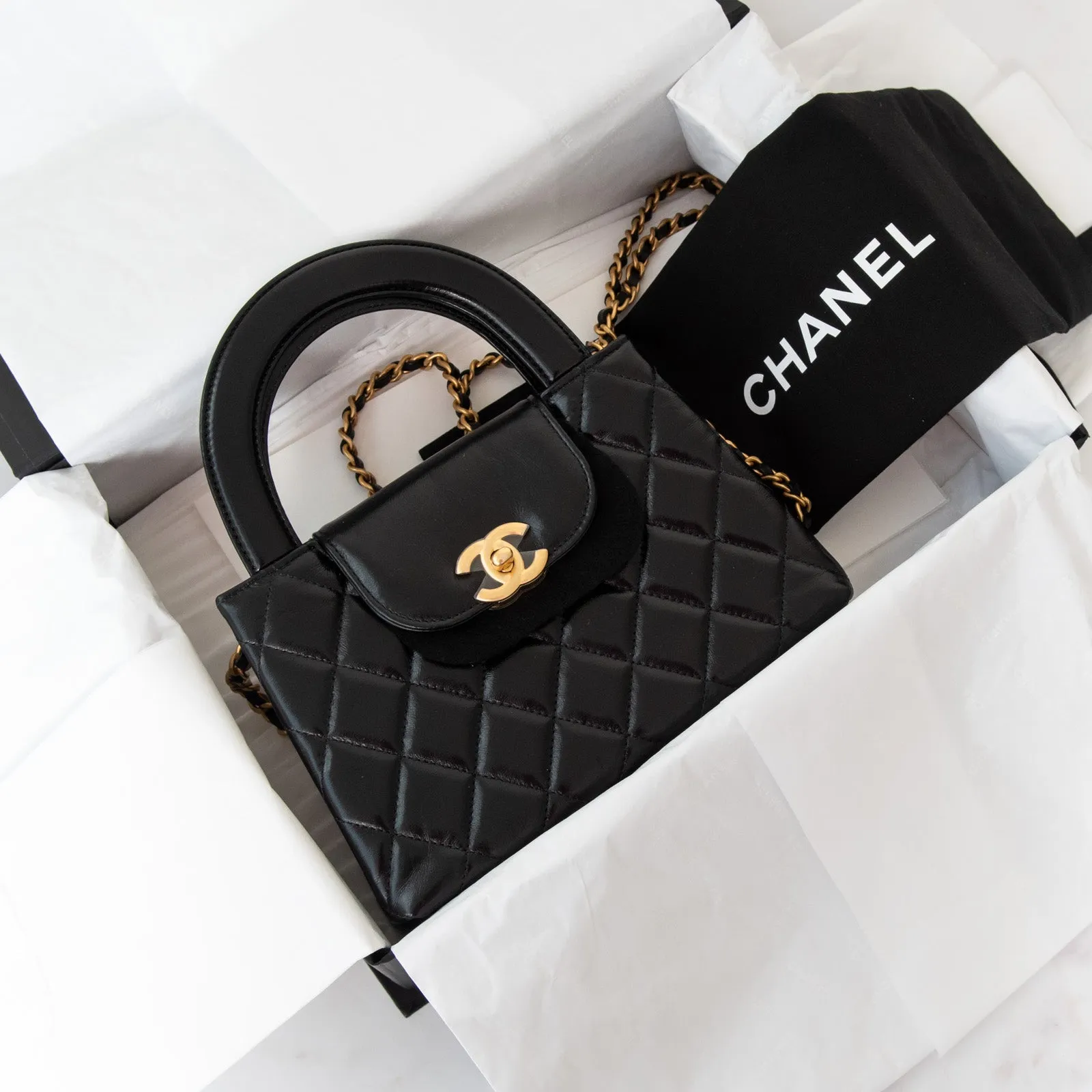 **UNUSED** Chanel Small Kelly Shopping Bag in Black Calfskin Leather with Brushed Gold Hardware