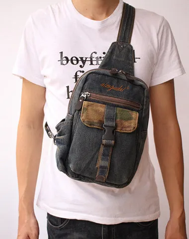 Vintage Blue Denim Mens Sling Bag Chest Bag Cool Blue Denim Sling Bag For Men